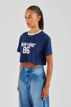 New York Contrast Cropped T-Shirt - Navy Blue