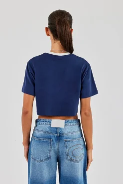 New York Contrast Cropped T-Shirt - Navy Blue
