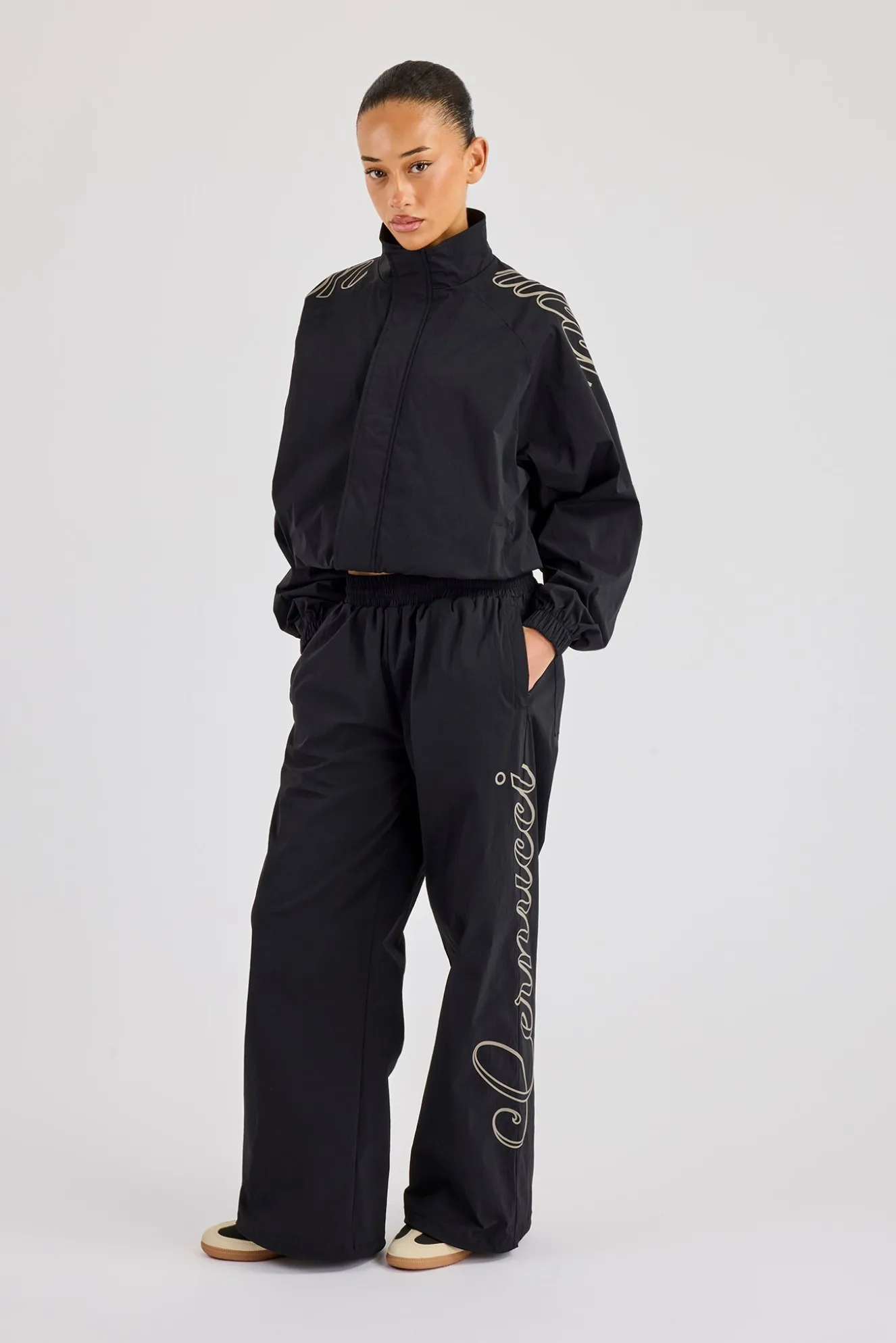 Nylon Branded Track Jacket & Baggy Jogger - Black