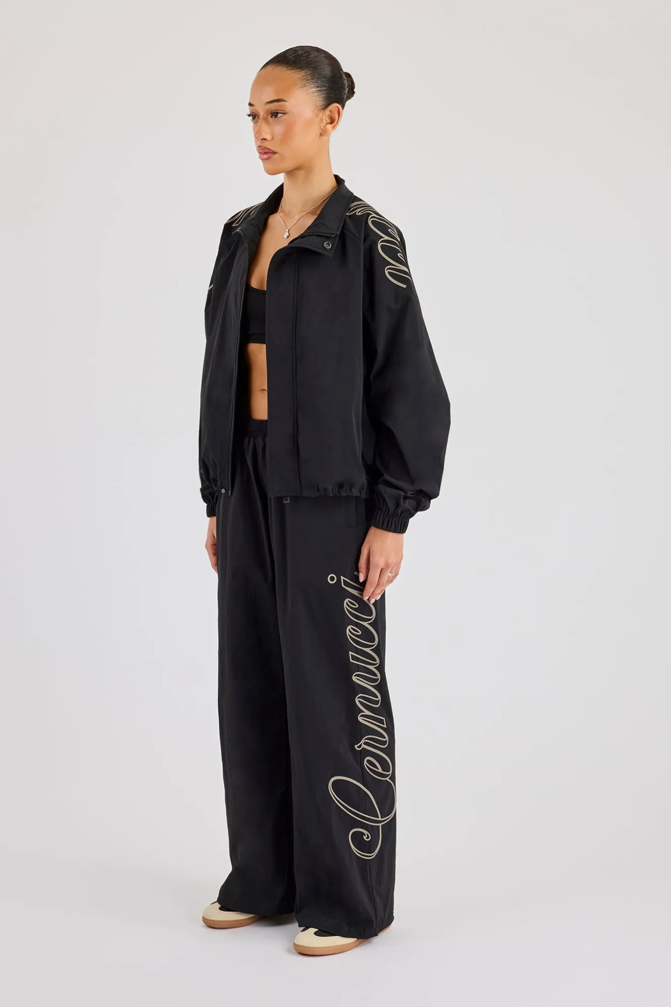 Nylon Branded Track Jacket & Baggy Jogger - Black
