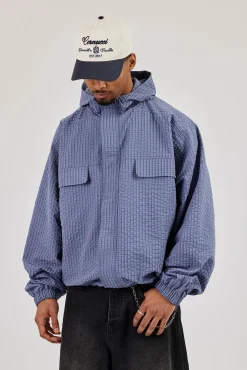 Nylon Check Hooded Windbreaker - Blue