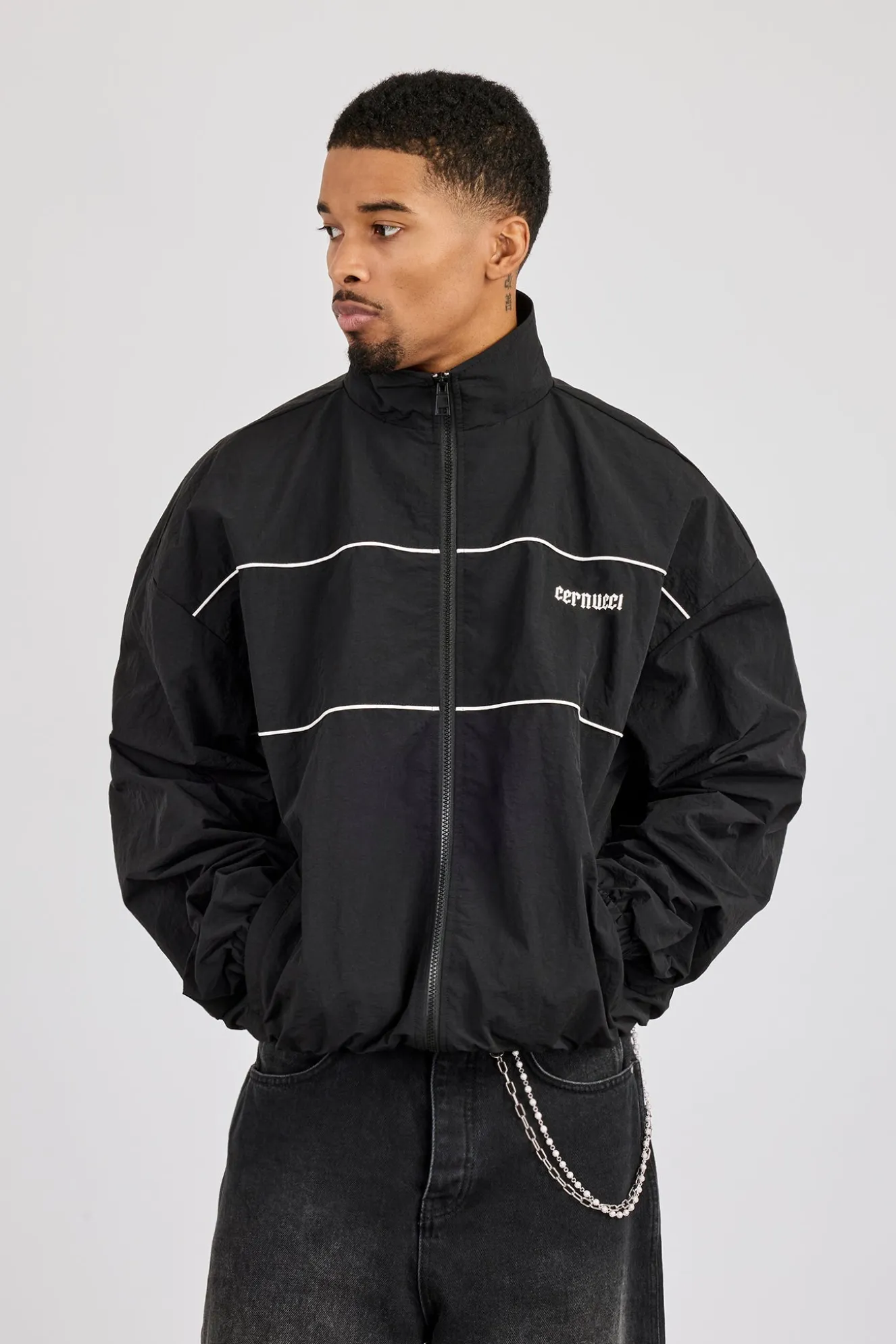 Nylon Contrast Funnel Neck Track Jacket - Black