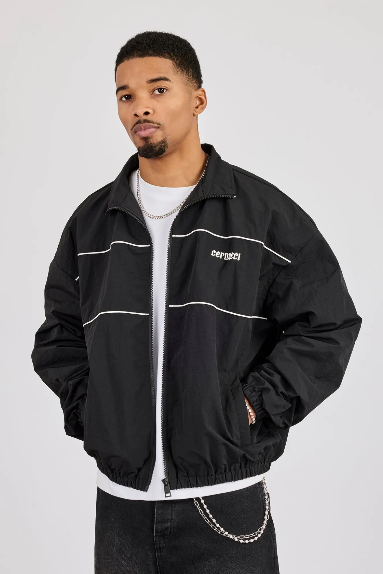 Nylon Contrast Funnel Neck Track Jacket - Black