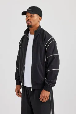 Nylon Piping Embroidered Track Jacket - Black