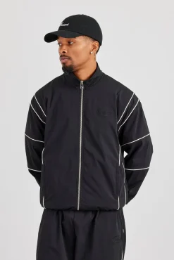 Nylon Piping Embroidered Track Jacket - Black