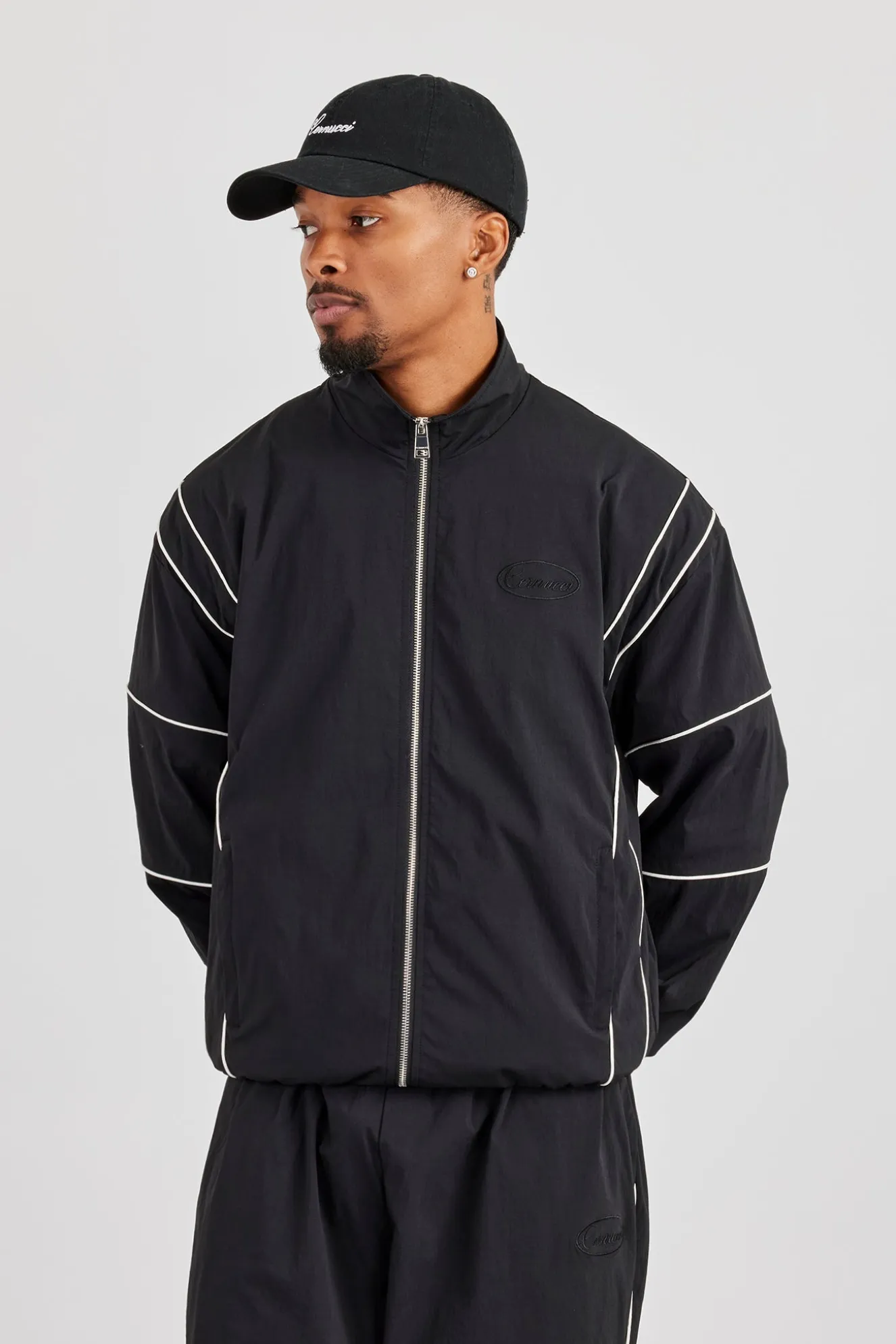 Nylon Piping Embroidered Track Jacket - Black