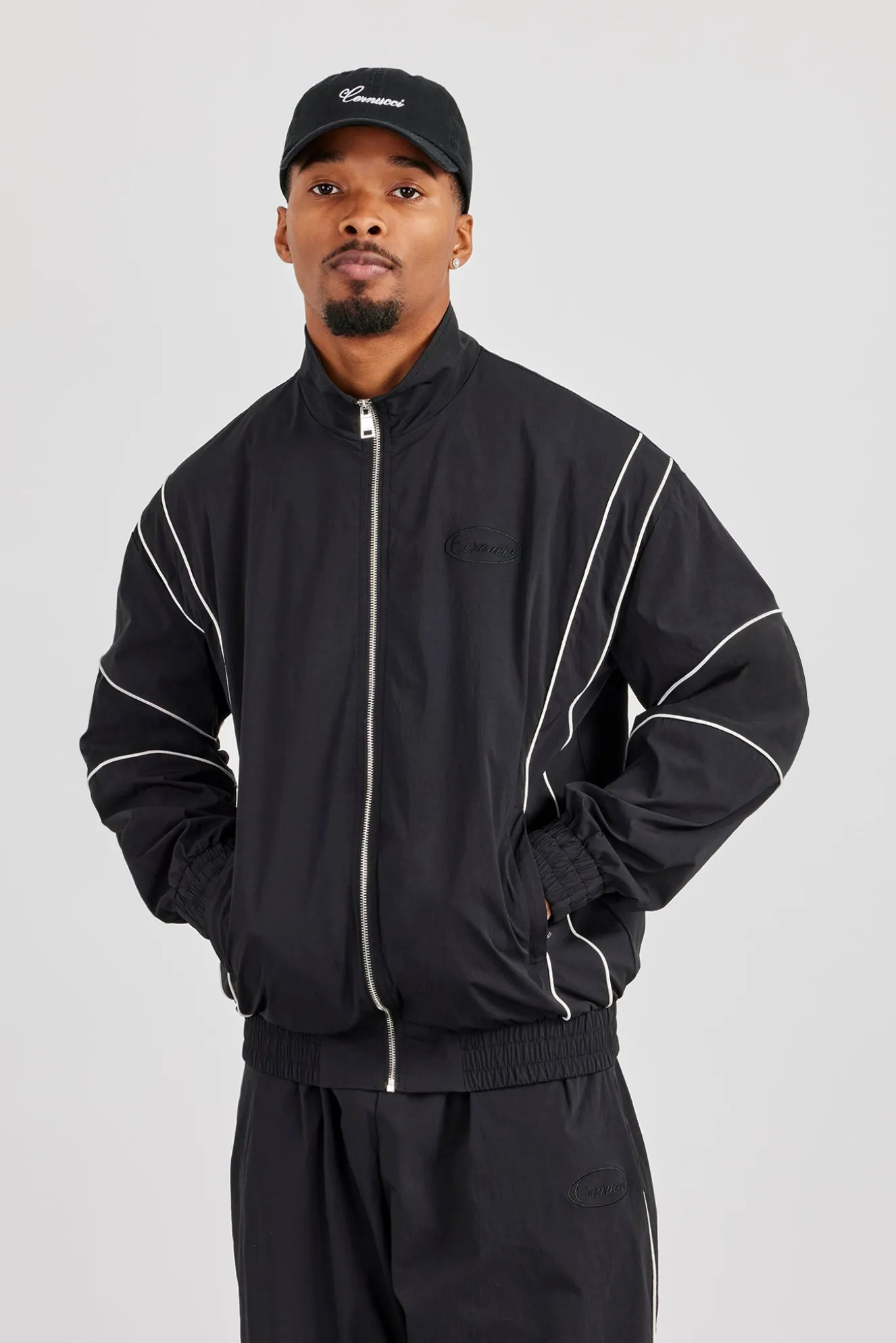 Nylon Piping Embroidered Track Jacket - Black