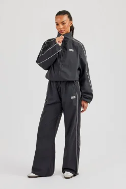 Nylon Piping Wide Leg Track Pant - Charcoal