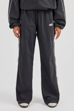 Nylon Piping Wide Leg Track Pant - Charcoal