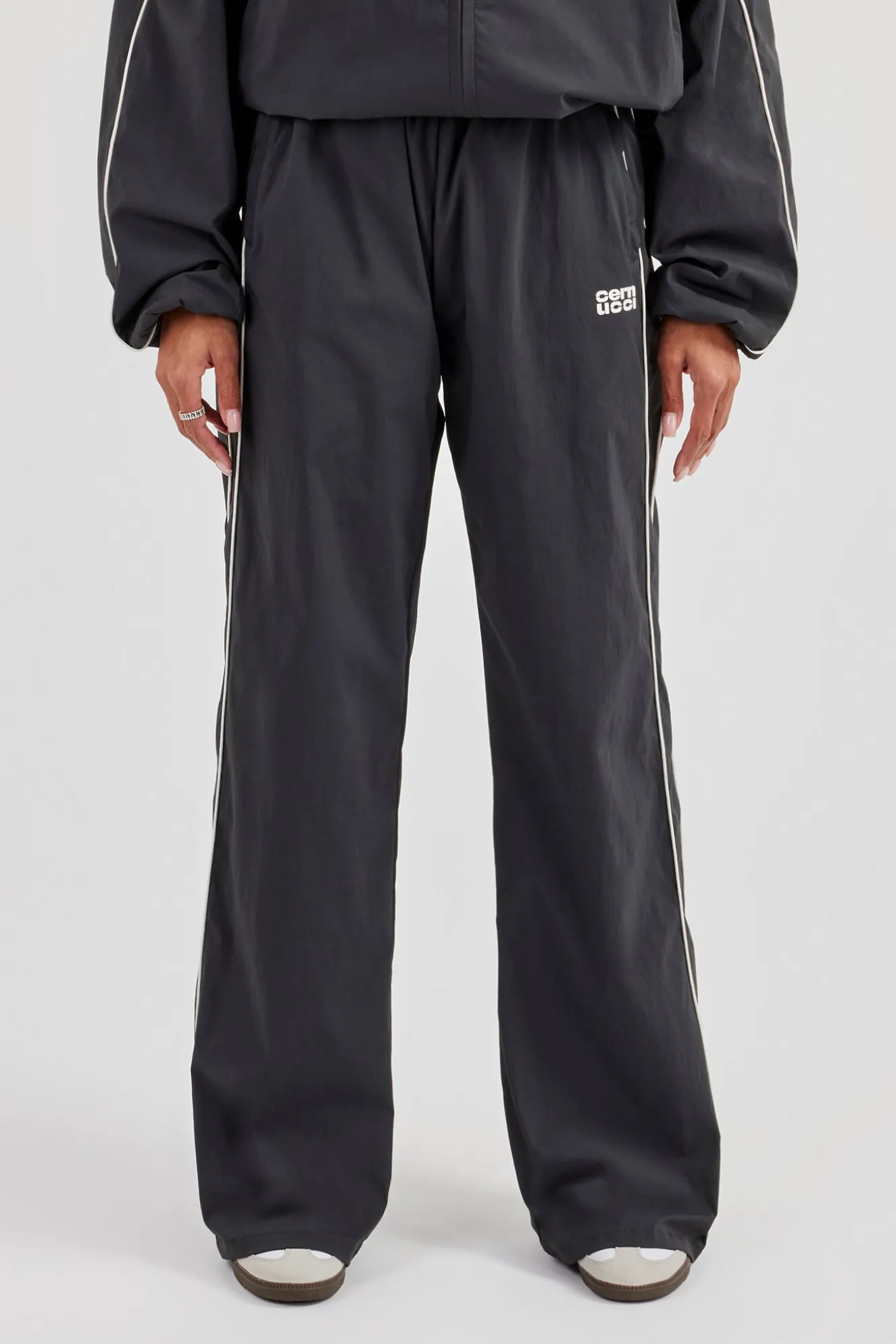 Nylon Piping Wide Leg Track Pant - Charcoal