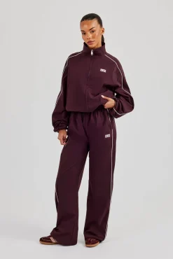 Nylon Piping Wide Leg Track Pant - Burgundy