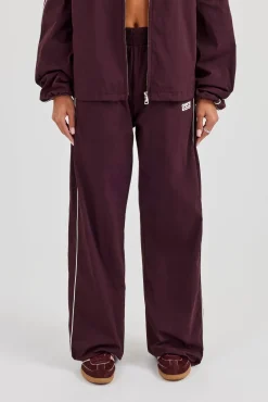 Nylon Piping Wide Leg Track Pant - Burgundy