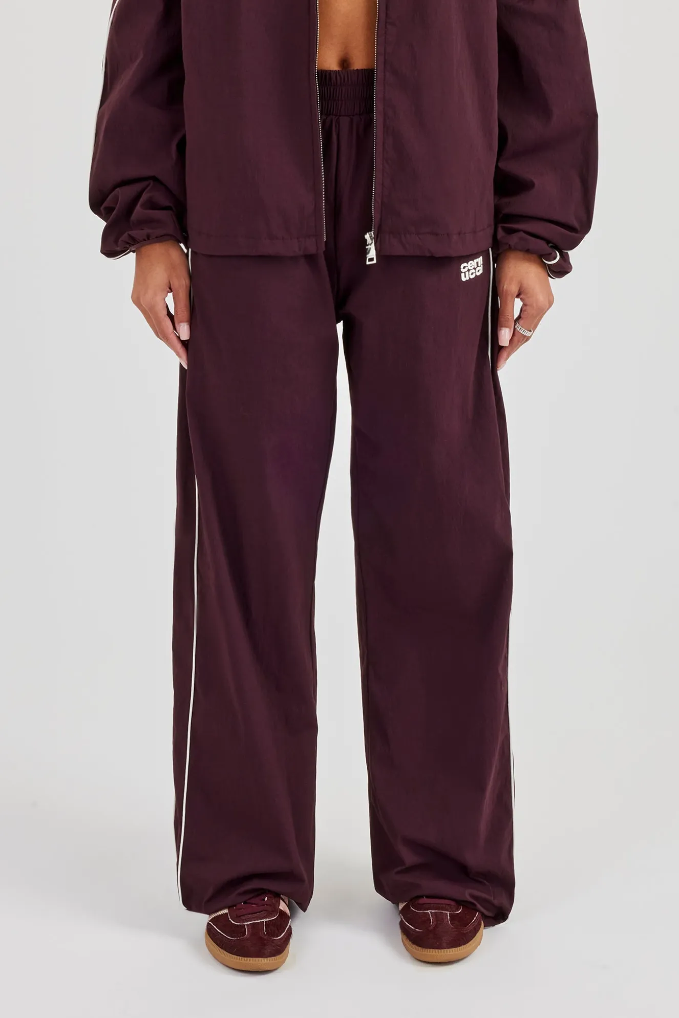 Nylon Piping Wide Leg Track Pant - Burgundy