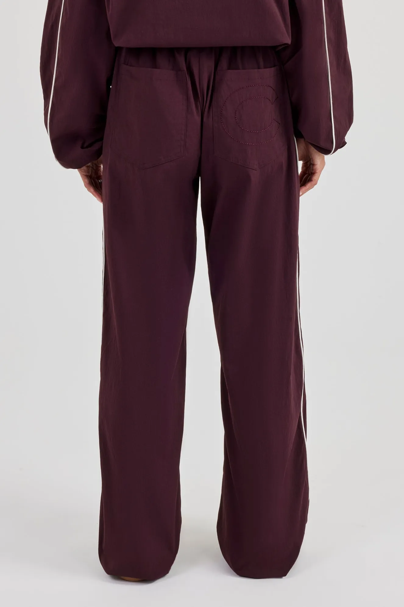 Nylon Piping Wide Leg Track Pant - Burgundy
