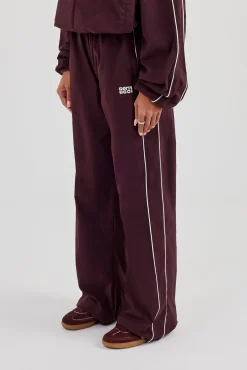 Nylon Piping Wide Leg Track Pant - Burgundy