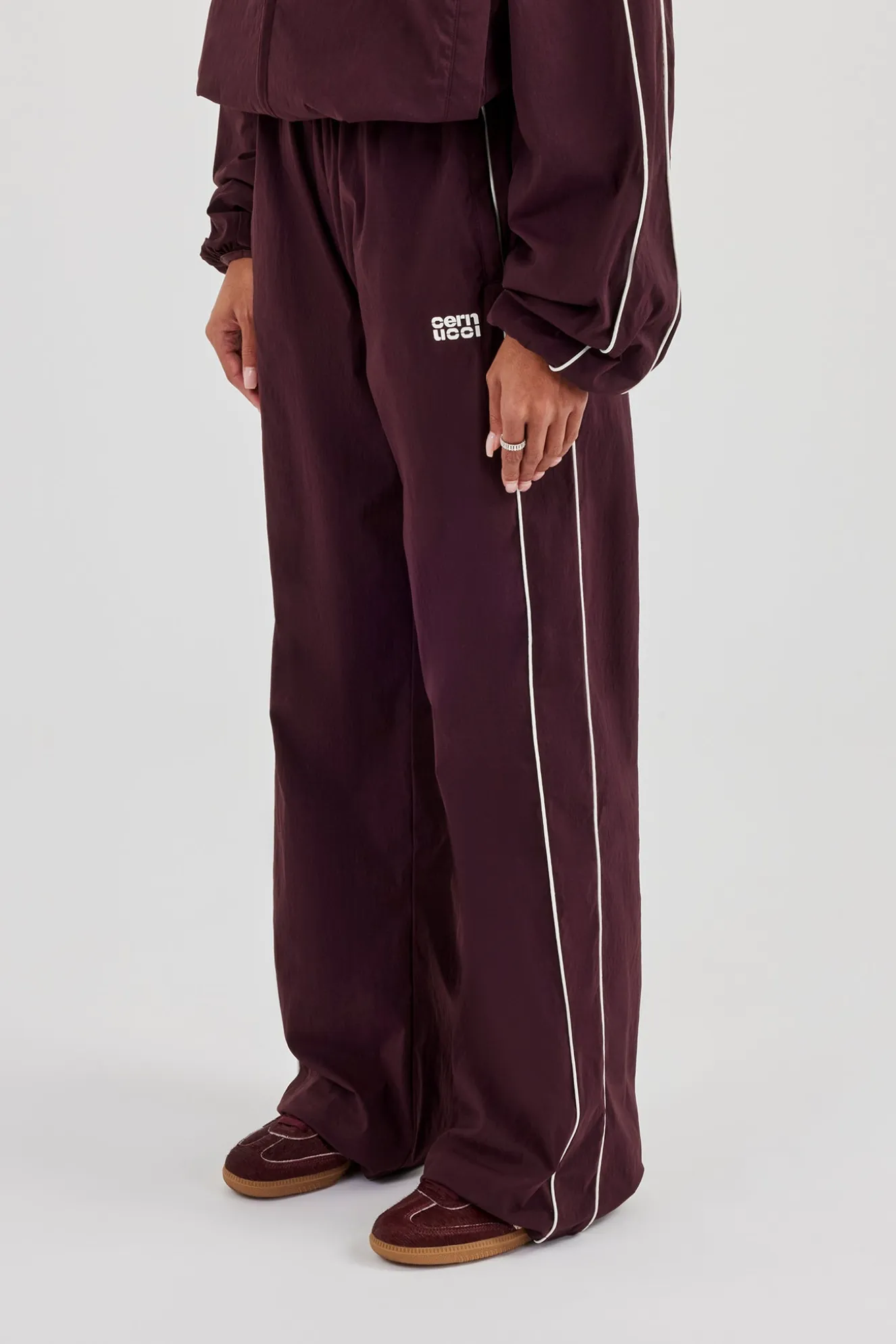 Nylon Piping Wide Leg Track Pant - Burgundy