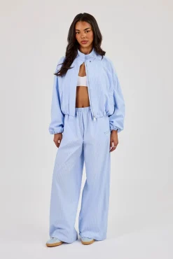 Nylon Striped Funnel Neck Jacket & Wide Leg Trouser Baby Blue