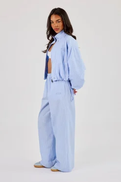 Nylon Striped Funnel Neck Jacket & Wide Leg Trouser  Baby Blue