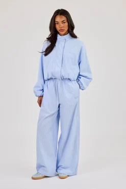 Nylon Striped Funnel Neck Jacket & Wide Leg Trouser  Baby Blue