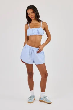 Nylon Striped Ruched Bralet & Short Baby Blue