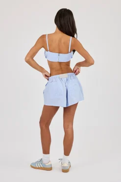 Nylon Striped Ruched Bralet & Short  Baby Blue