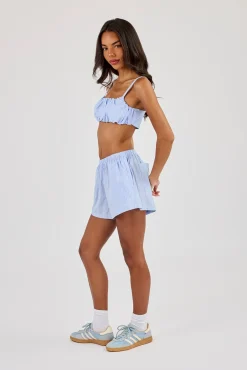 Nylon Striped Ruched Bralet & Short  Baby Blue
