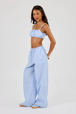 Nylon Striped Ruched Bralet & Wide Leg Trouser Baby Blue