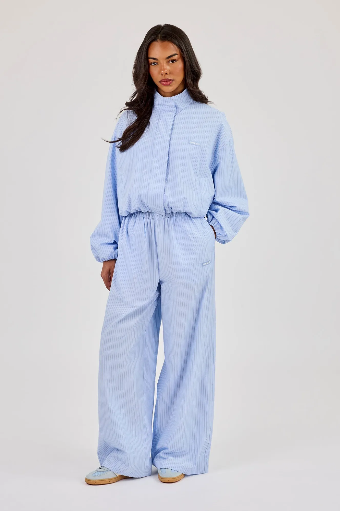 Nylon Striped Wide Leg Trouser - Baby Blue