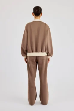 Off White Rib Contrast Panel Track Top & Pant - Taupe