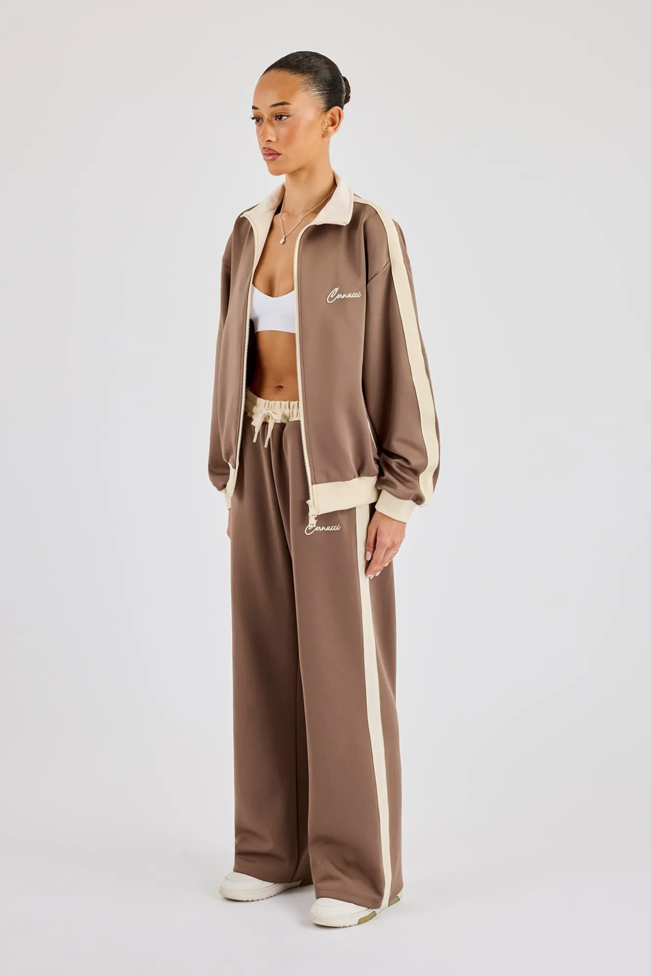 Off White Rib Contrast Panel Track Top & Pant - Taupe