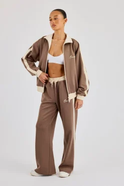 Off White Rib Contrast Panel Track Top & Pant - Taupe