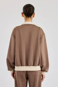 Off White Rib Contrast Panel Track Top - Taupe