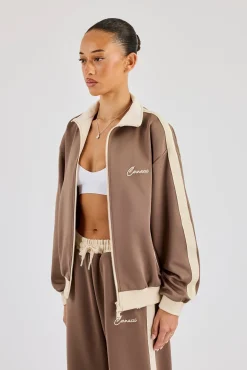 Off White Rib Contrast Panel Track Top - Taupe