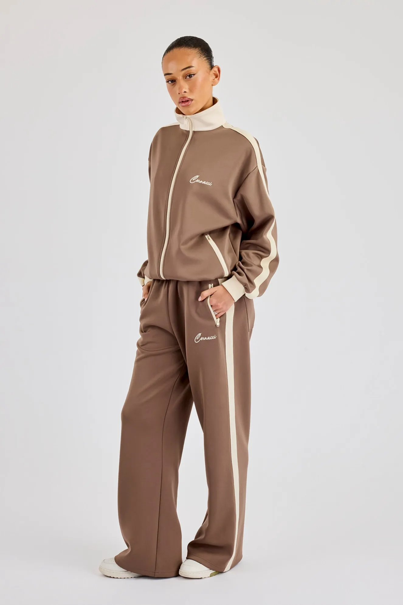 Off White Rib Contrast Panel Track Top - Taupe
