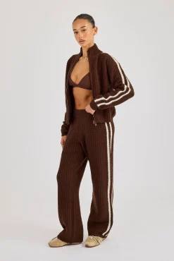 Open Knit Funnel Neck Jacket & Wide Leg Jogger With Tape Detailing - Dark Brown