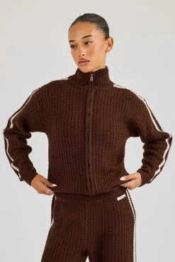 Open Knit Funnel Neck Jacket With Tape Detailing - Dark Brown