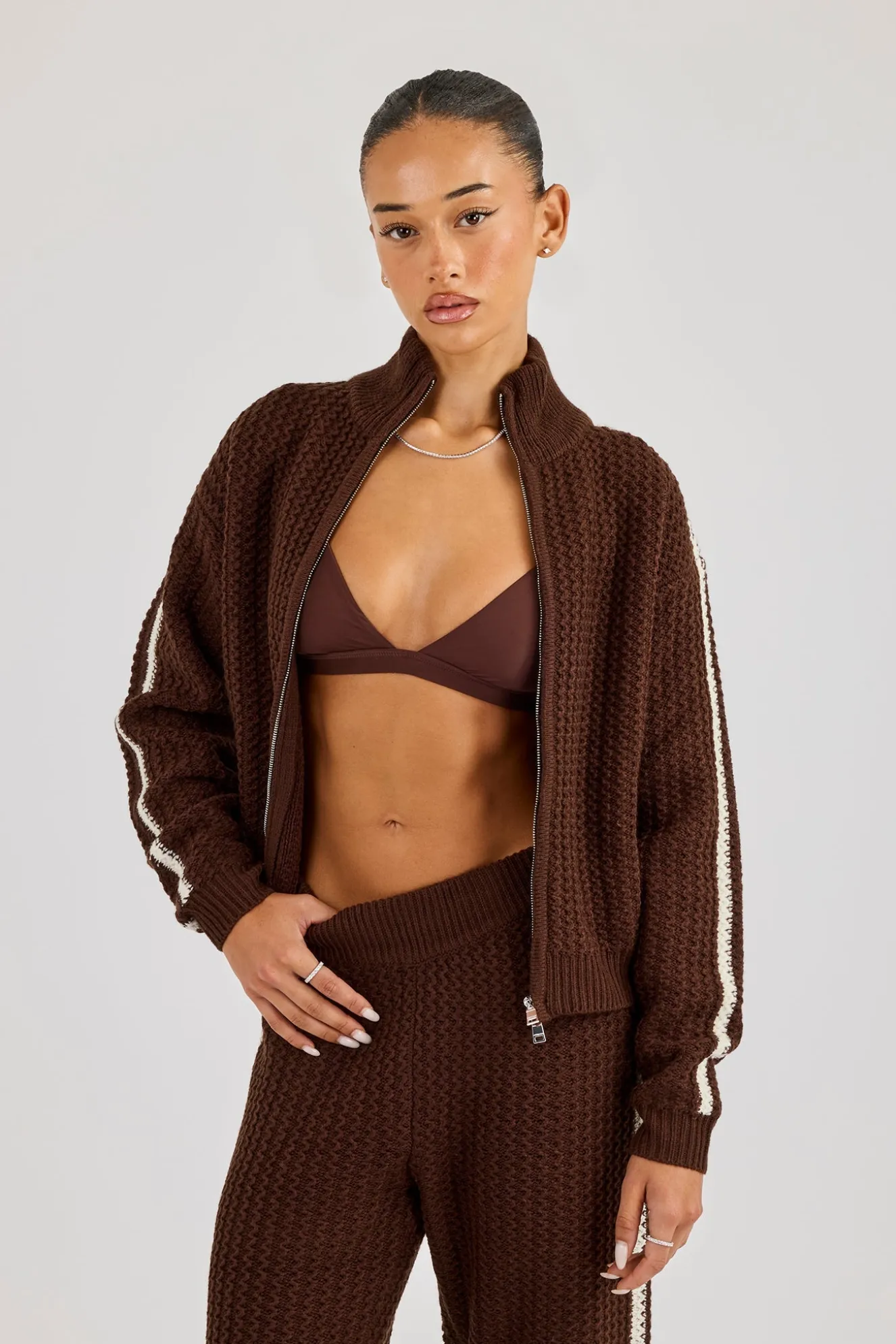 Open Knit Funnel Neck Jacket With Tape Detailing - Dark Brown