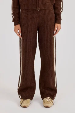 Open Knit Wide Leg Jogger With Tape Detailing - Dark Brown