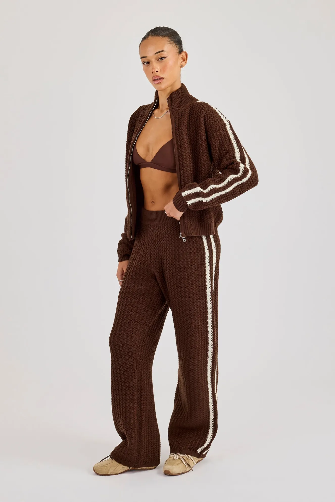 Open Knit Wide Leg Jogger With Tape Detailing - Dark Brown