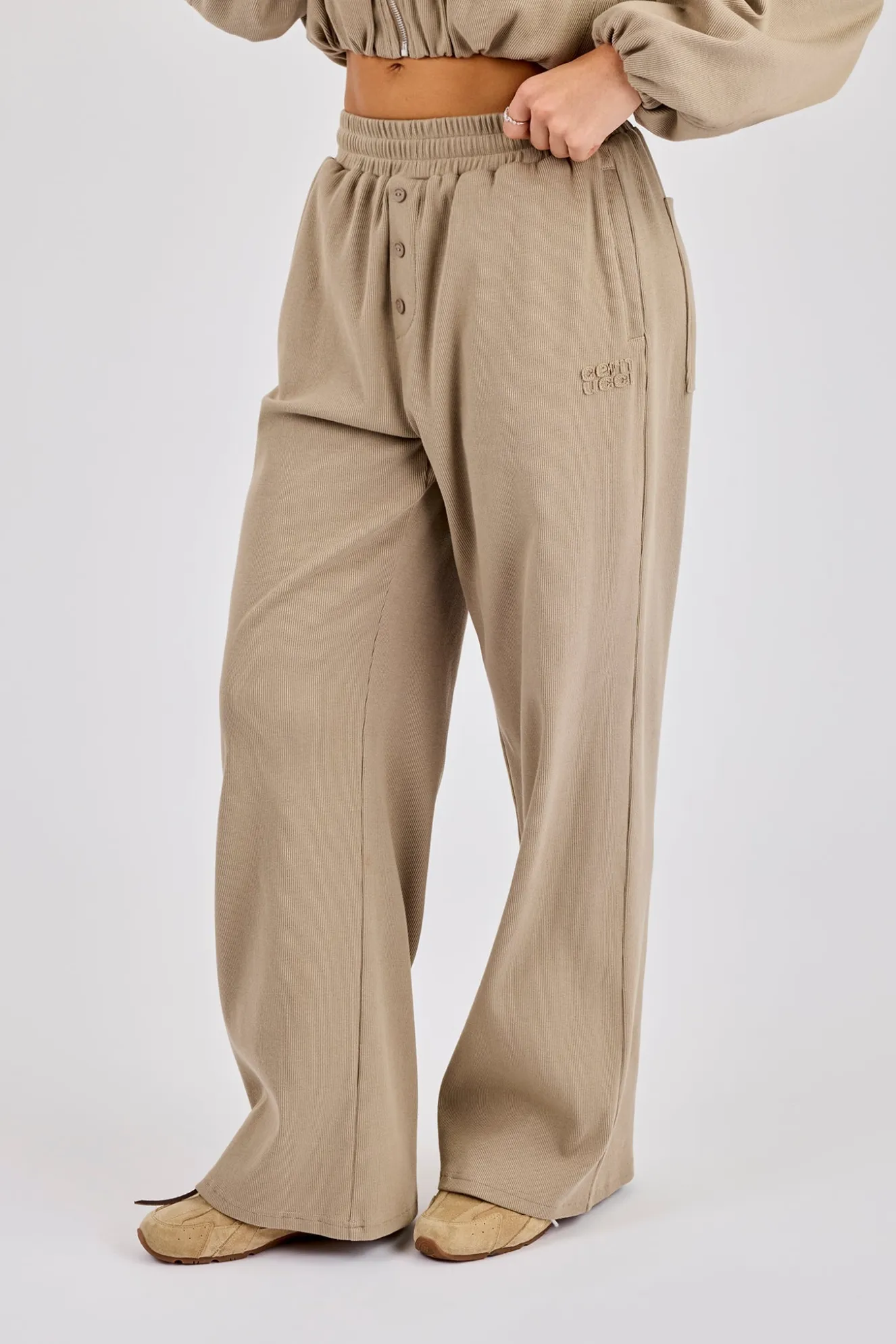 Ottoman Rib Button Wide Leg Jogger - Taupe