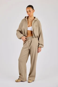 Ottoman Rib Button Wide Leg Jogger - Taupe