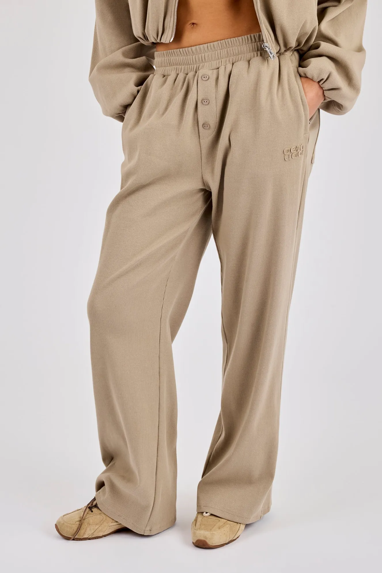 Ottoman Rib Button Wide Leg Jogger - Taupe