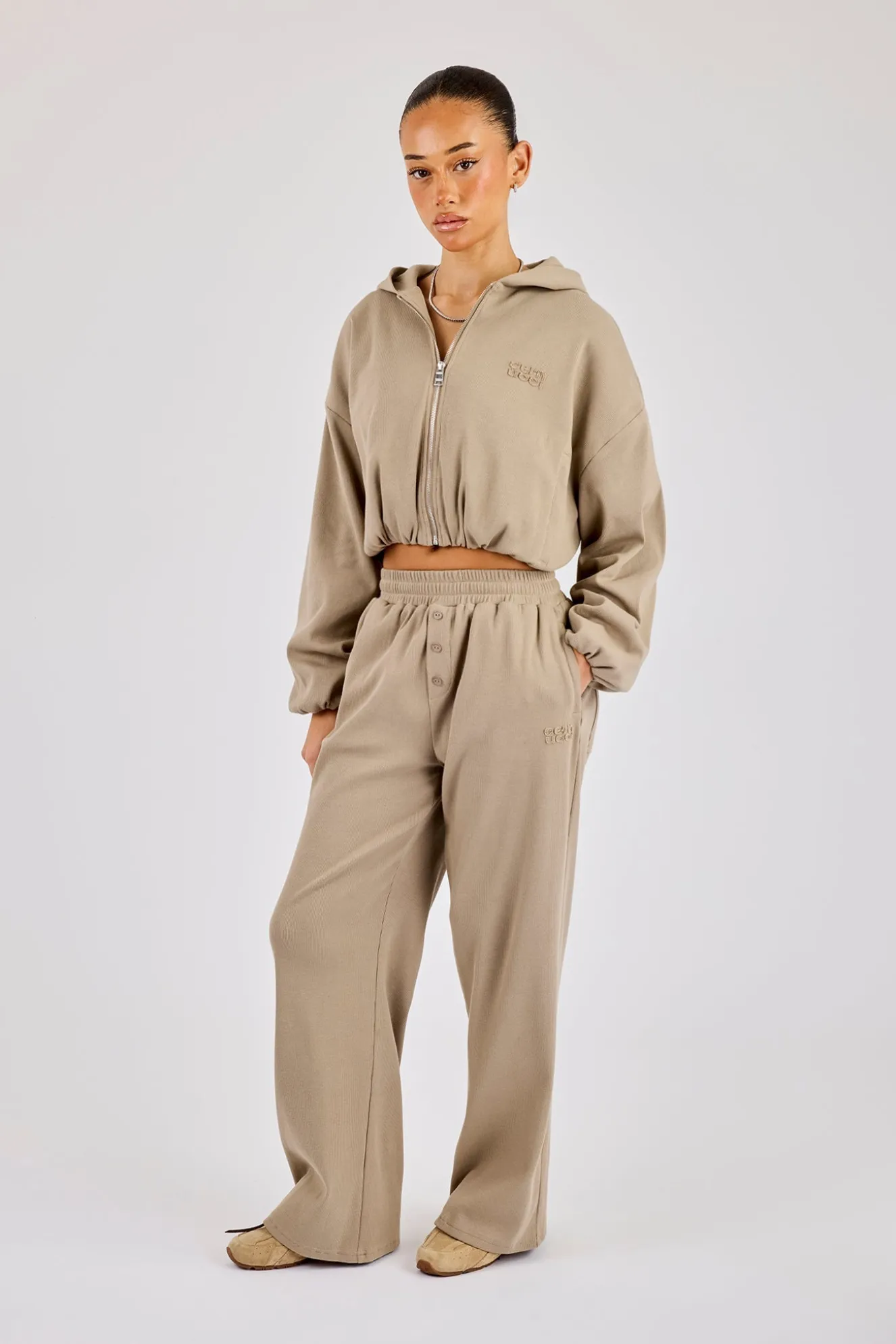 Ottoman Rib Hooded Zip Through & Wide Leg Jogger - Taupe
