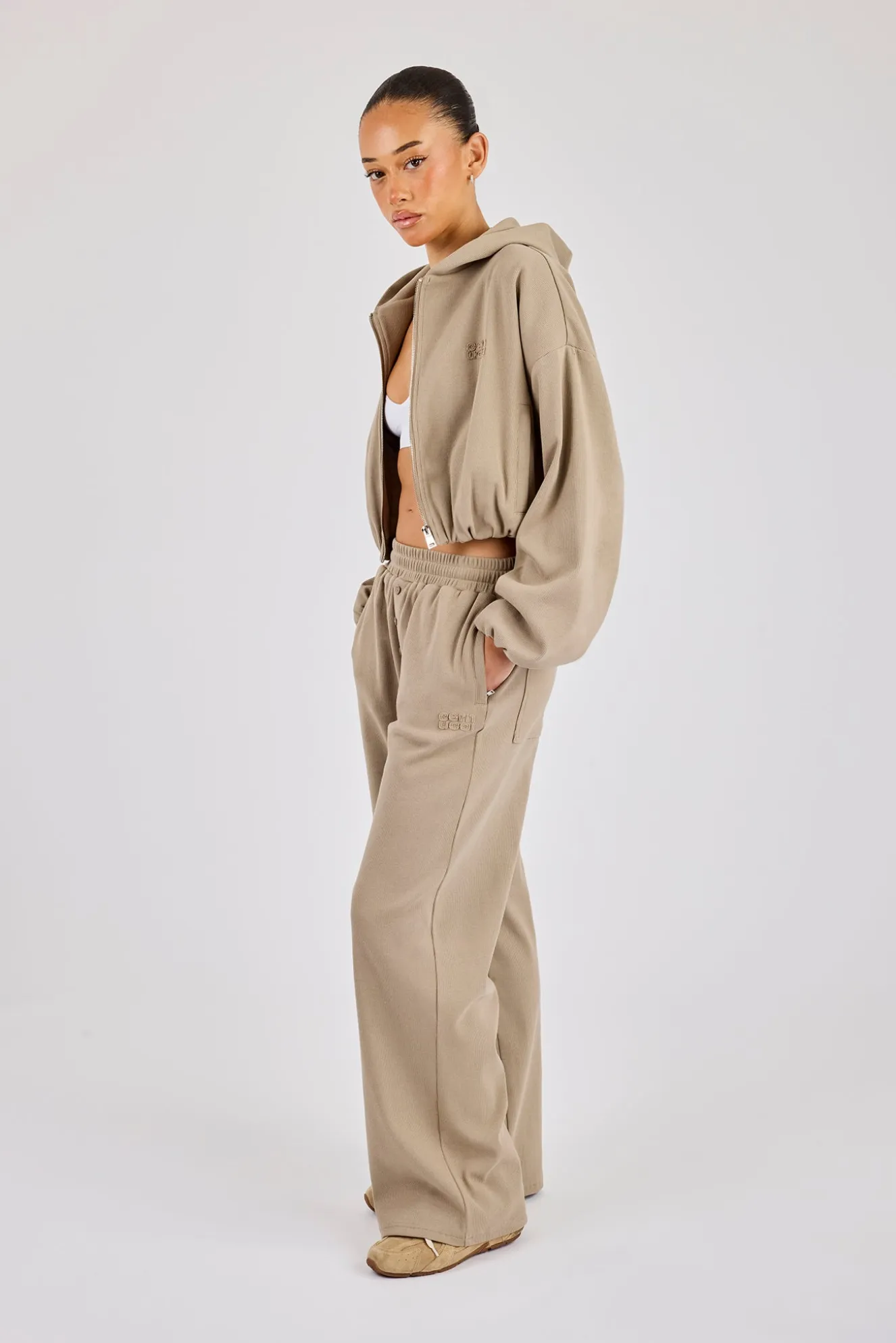 Ottoman Rib Hooded Zip Through & Wide Leg Jogger - Taupe