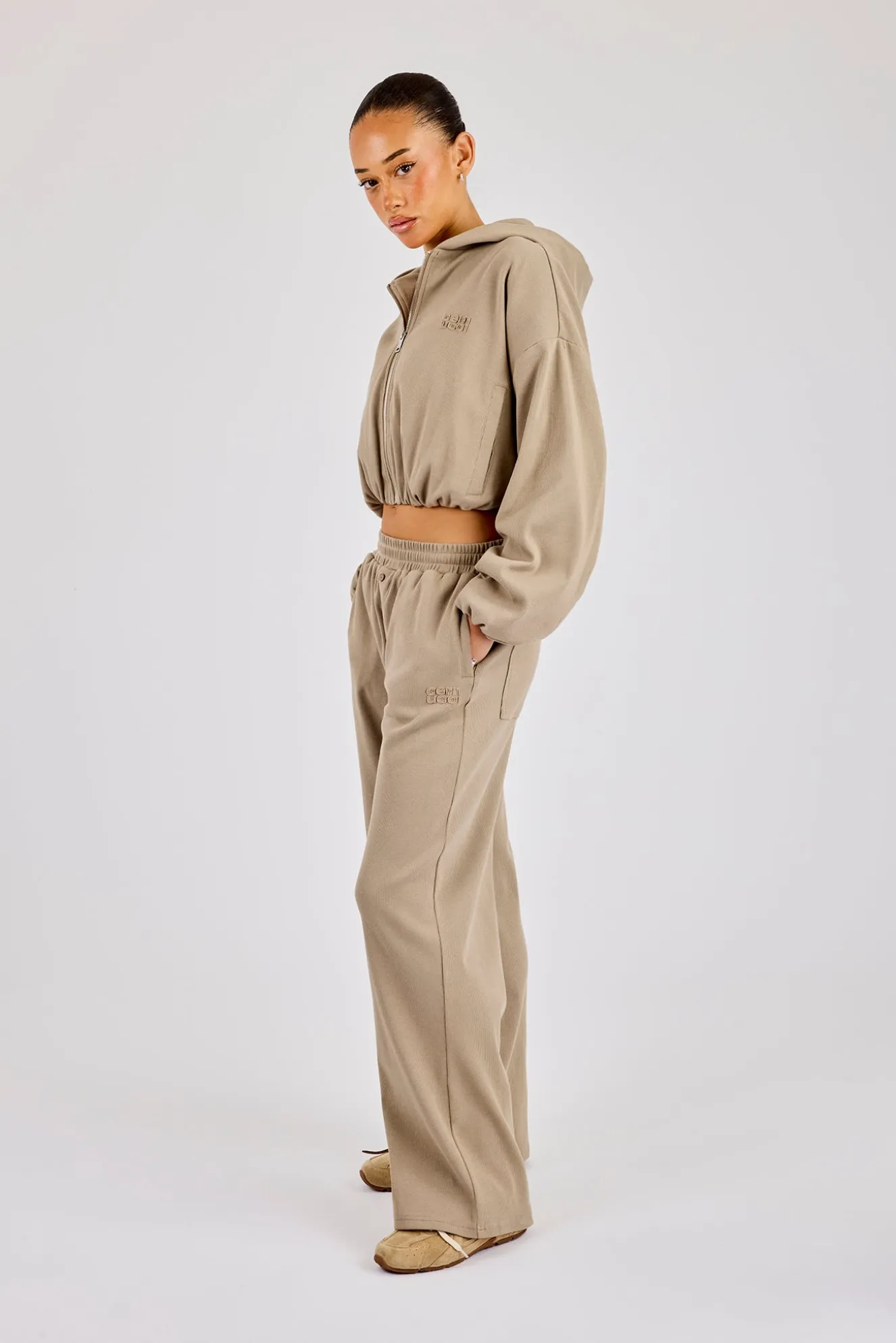 Ottoman Rib Hooded Zip Through & Wide Leg Jogger - Taupe