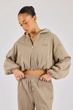 Ottoman Rib Hooded Zip Through - Taupe