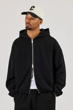 Ottoman Rib Zip Through Hoodie - Black