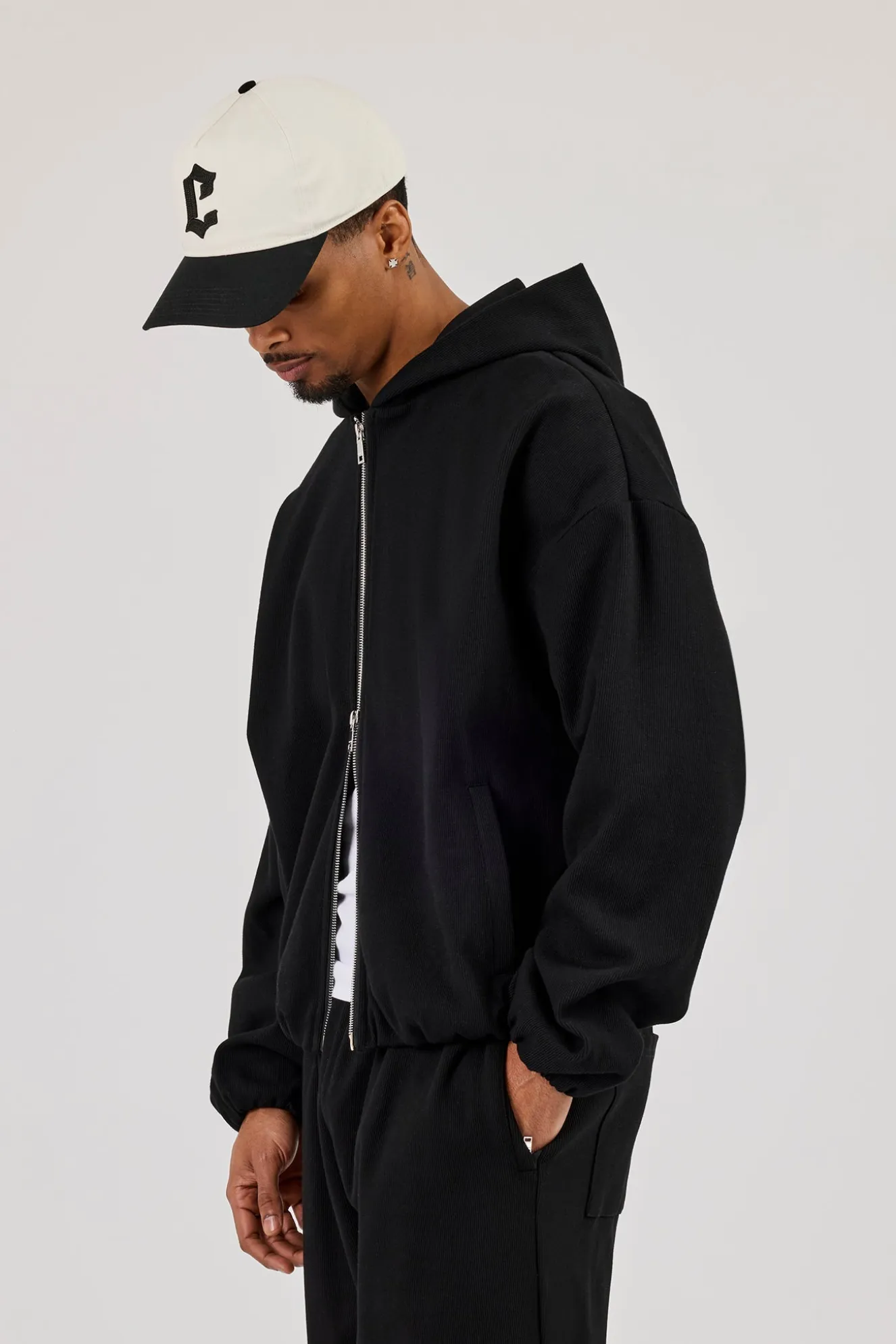 Ottoman Rib Zip Through Hoodie - Black