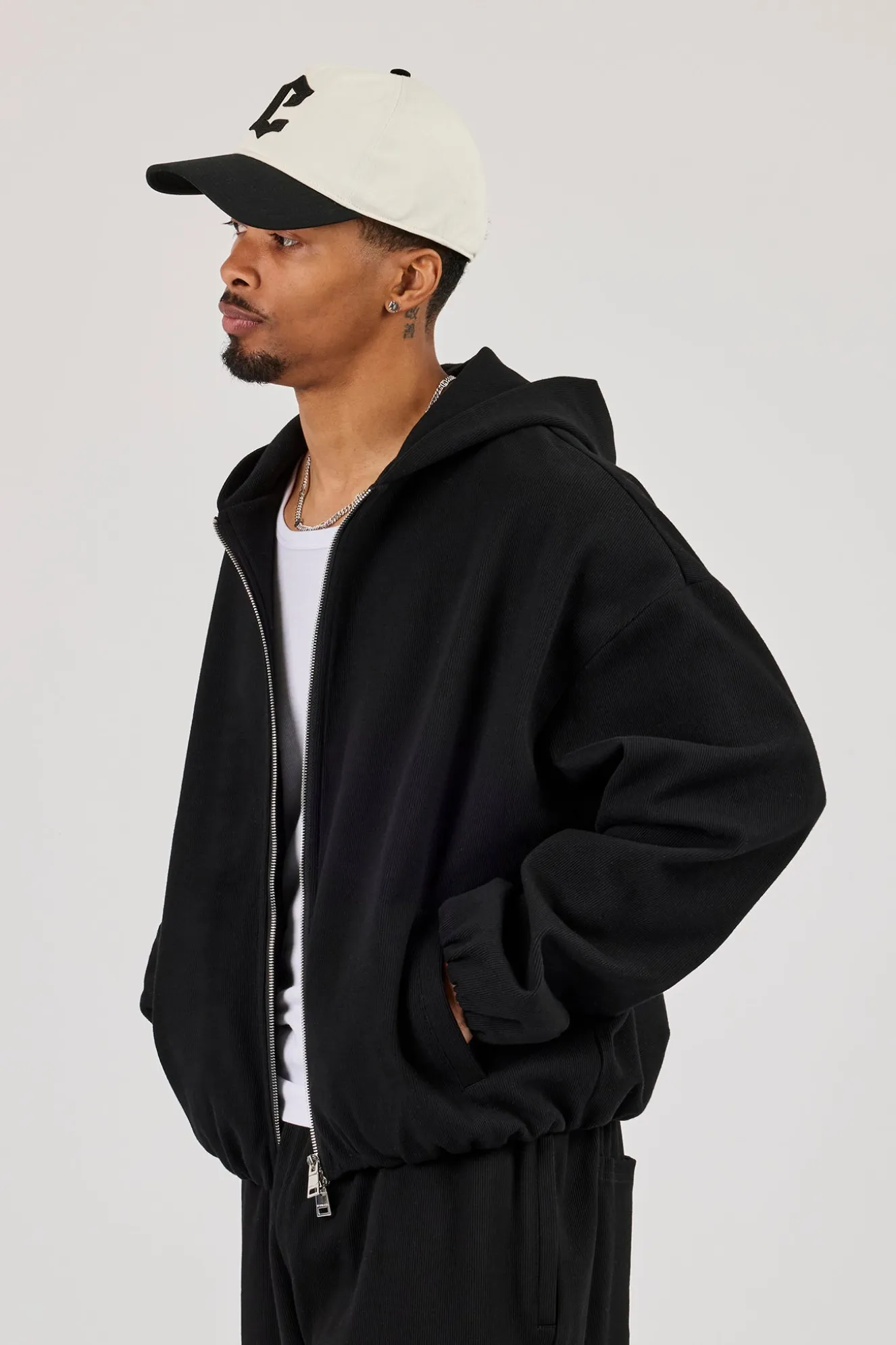 Ottoman Rib Zip Through Hoodie - Black
