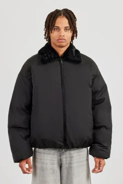 Oversized Bomber With Fur Collar - Black